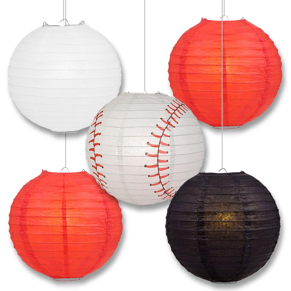 Cincinnati Pro Baseball Red, White &amp; Black 14-inch Paper Lanterns 5pc Combo Party Pack - Luna Bazaar | Boho &amp; Vintage Style Decor