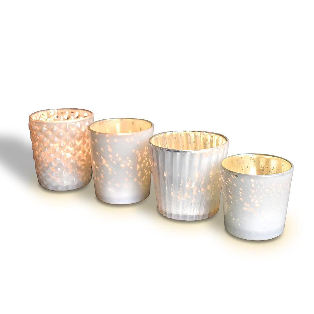 Best of Show Mercury Glass Tealight Votive Candle Holders (Pearl White, 4 Pack, Assorted Styles) - for Weddings, Events, Parties, and Home Decor, Ideal Housewarming Gift - Luna Bazaar | Boho &amp; Vintage Style Decor