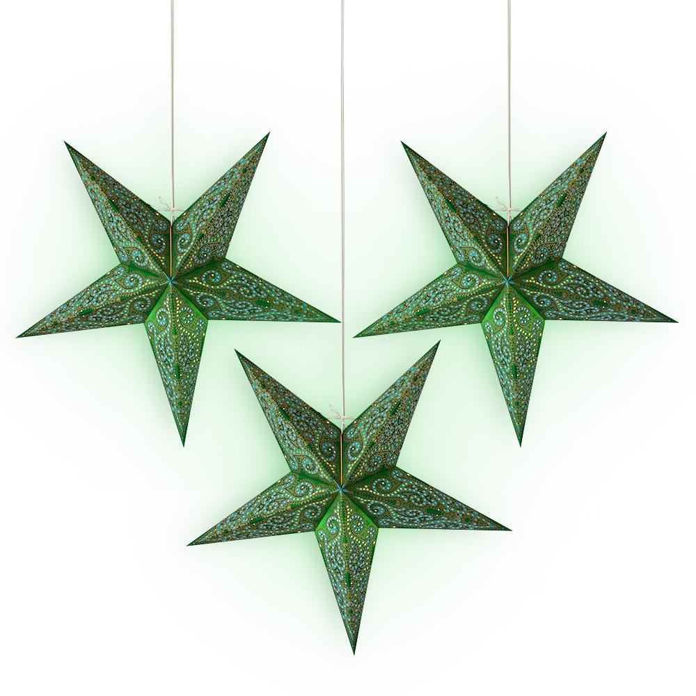 24 Inch Green Vines Glitter Paper Star Lantern and Lamp Cord Hanging Decoration (3-PACK + CORD + BULBS)