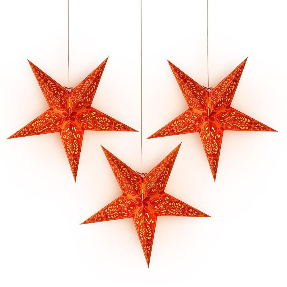 24 Inch Orange Peacock Paper Star Lantern and Lamp Cord Hanging Decoration (3-PACK + CORD + BULBS)