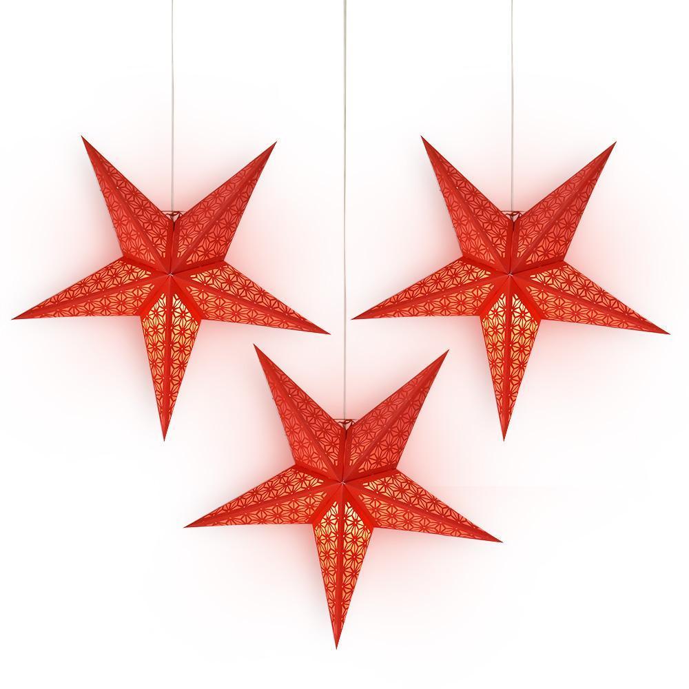 24 Inch Red Geodesic Paper Star Lantern and Lamp Cord Hanging Decoration (3-PACK + CORD + BULBS)