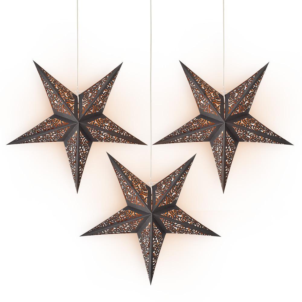 24 Inch Black / Gold Moroccan Glitter Paper Star Lantern and Lamp Cord Hanging Decoration (3-PACK + CORD + BULBS)