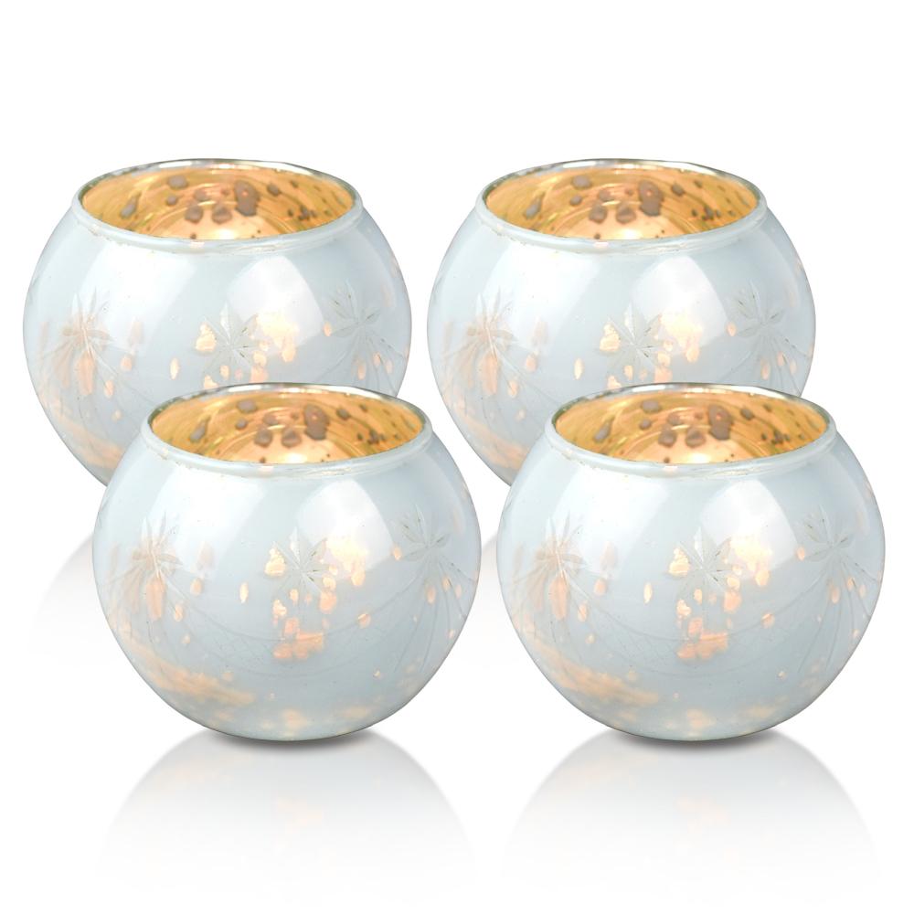 4 Pack Vintage Mercury Glass Candle Holder (3-Inch, Mary Design, Globe Shape, Pearl White) - For Use with Tea Lights - For Parties, Weddings, and Homes - Luna Bazaar | Boho &amp; Vintage Style Decor