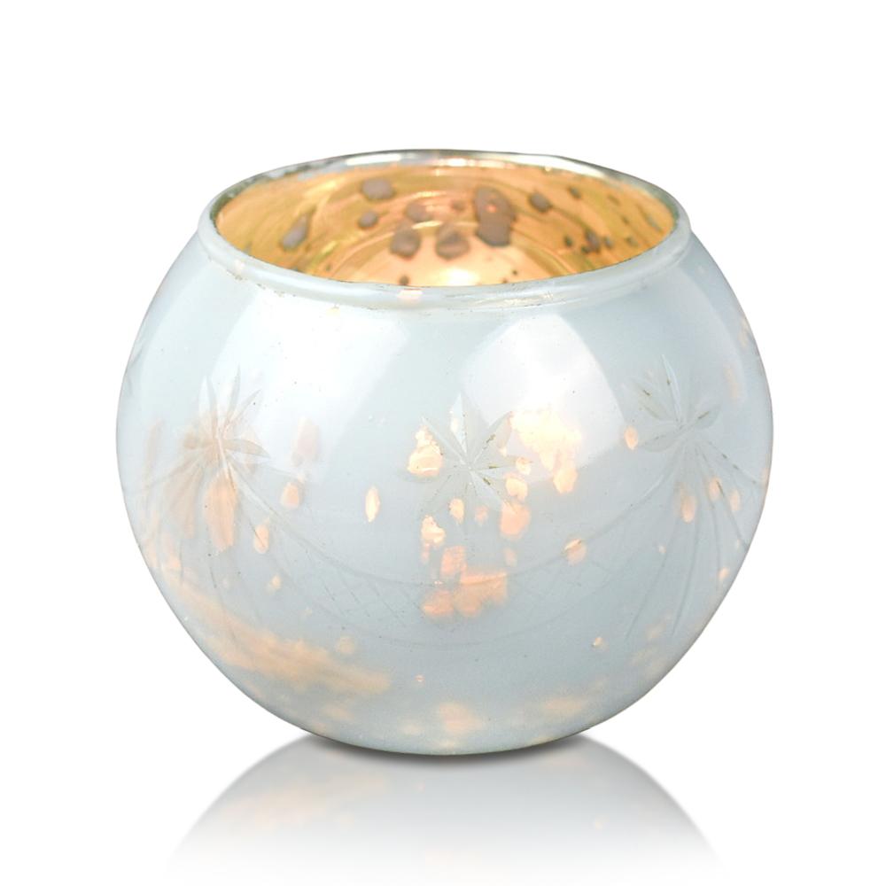 Vintage Mercury Glass Candle Holder (3-Inch, Mary Design, Globe Shape, Pearl White) - For Use with Tea Lights - For Parties, Weddings, and Homes - Luna Bazaar | Boho &amp; Vintage Style Decor