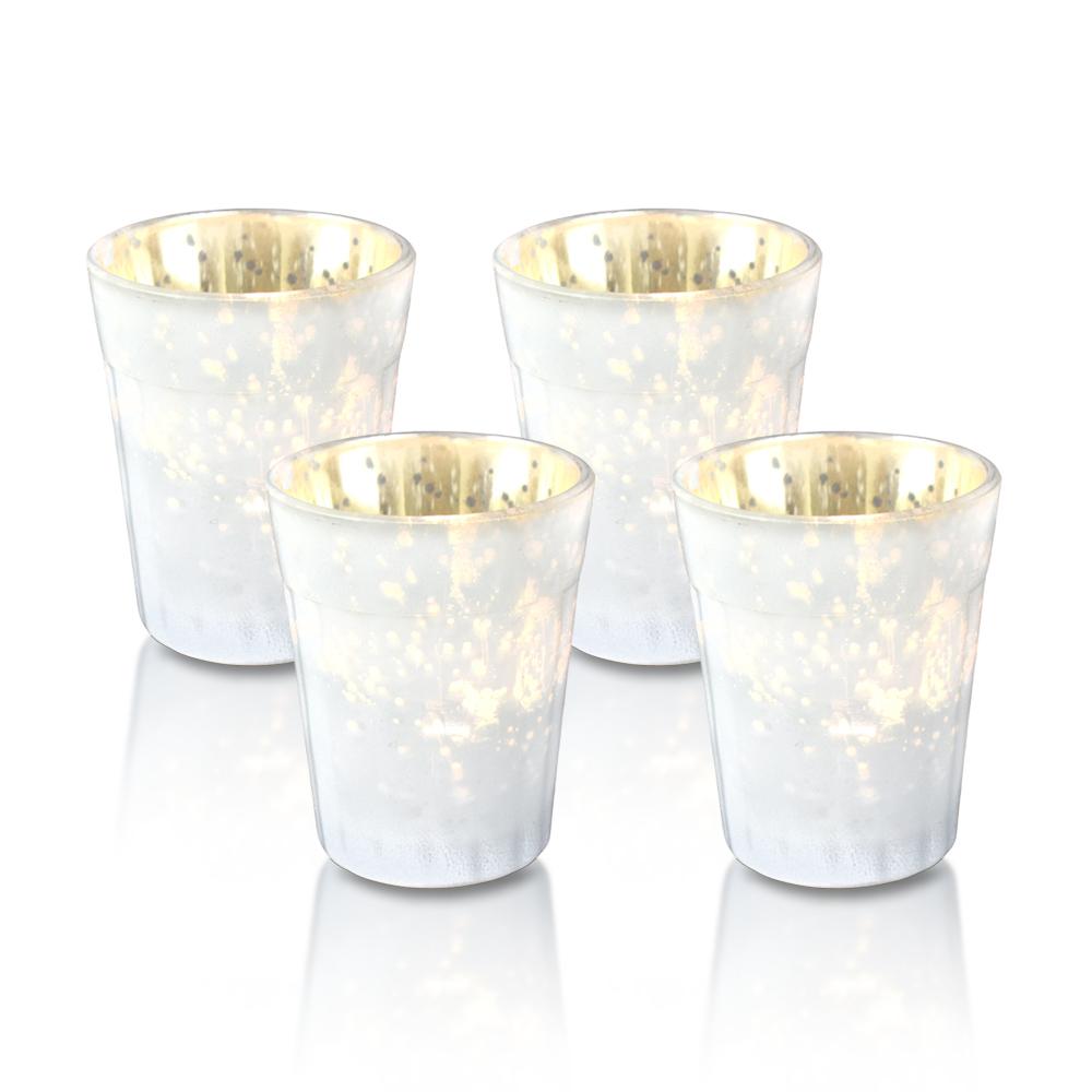 4 Pack | Vintage Mercury Glass Candle Holder (3.25-Inch, Katelyn Design, Column Motif, Pearl White) - For Use with Tea Lights - For Home Decor, Parties and Wedding Decorations - Luna Bazaar | Boho &amp; Vintage Style Decor