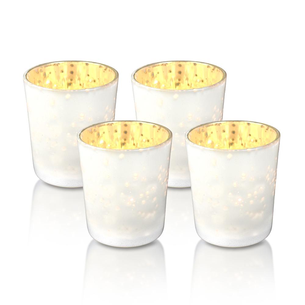 4 Pack Vintage Mercury Glass Candle Holder (3-Inch, Tess Design, Pearl White) - for use with Tea Lights - for Home Decor, Parties and Wedding Decorations - Luna Bazaar | Boho &amp; Vintage Style Decor