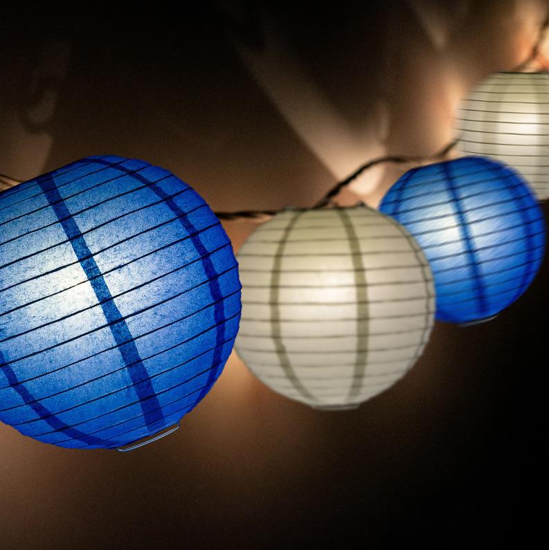 16-FT, 20x Paper Lantern Party String Lights Set (4&quot; Dark Blue and Silver Lanterns) - Luna Bazaar | Boho &amp; Vintage Style Decor