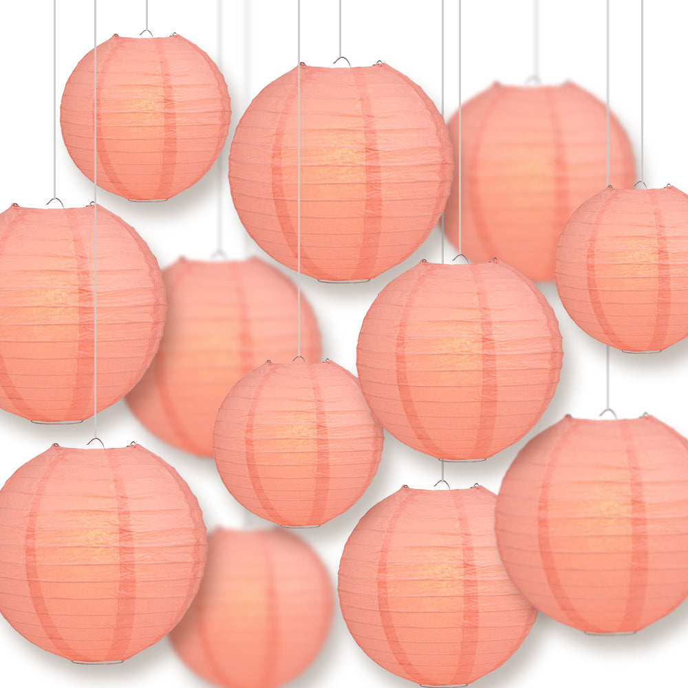 12-PC Roseate / Pink Coral Paper Lantern Decoration Set, 12/10/8-Inch - Luna Bazaar | Boho &amp; Vintage Style Decor