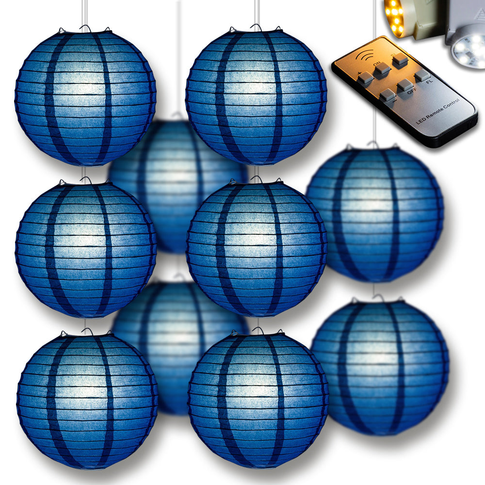 MoonBright Navy Blue Paper Lantern 10pc Party Pack with Remote Controlled LED Lights Included