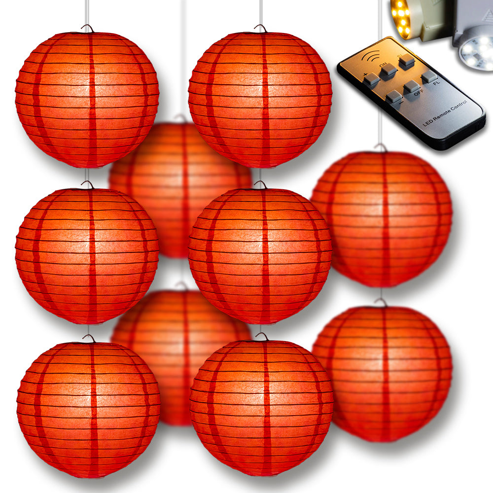 MoonBright Red Paper Lantern 10pc Party Pack with Remote Controlled LED Lights Included