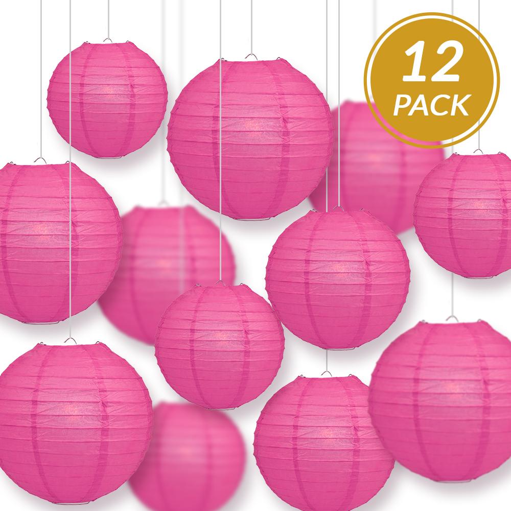 12-PC Fuchsia / Hot Pink Paper Lantern Decoration Set, 12/10/8-Inch - Luna Bazaar | Boho &amp; Vintage Style Decor