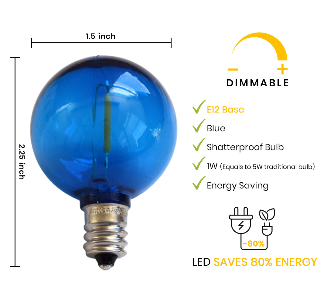 Blue LED Filament G40 Globe Shatterproof Energy Saving Colored Light Bulb, Dimmable, 1W,  E12 Candelabra Base - Luna Bazaar | Boho &amp; Vintage Style Decor