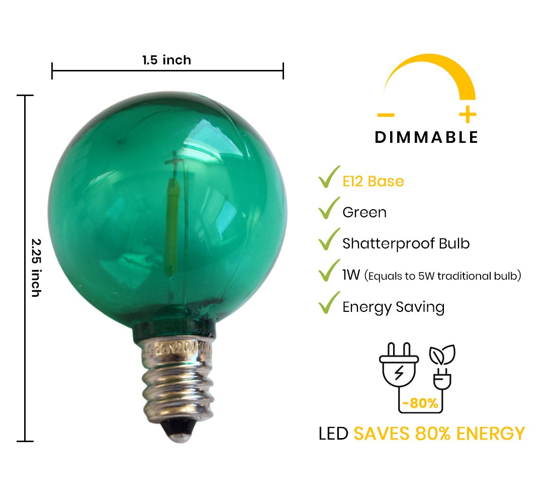 10-PACK Green LED Filament G40 Globe Shatterproof Energy Saving Color Light Bulb, Dimmable, 1W,  E12 Candelabra Base - Luna Bazaar | Boho &amp; Vintage Style Decor