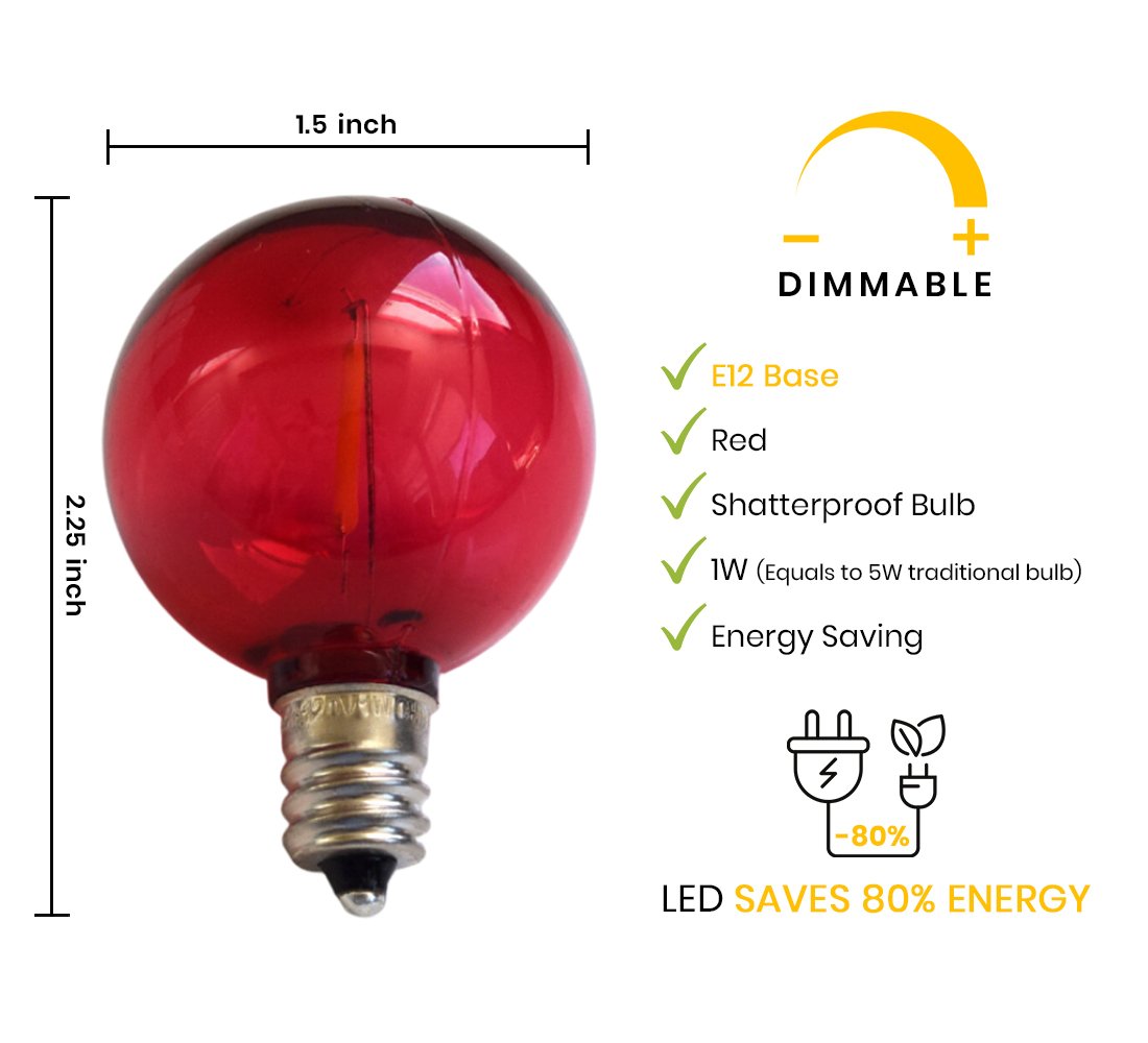 10-PACK Red LED Filament G40 Globe Shatterproof Energy Saving Color Light Bulb, Dimmable, 1W,  E12 Candelabra Base - Luna Bazaar | Boho &amp; Vintage Style Decor