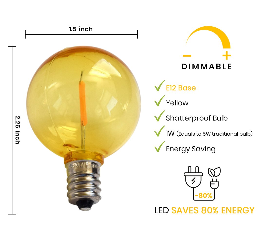 10-PACK Yellow LED Filament G40 Globe Shatterproof Energy Saving Color Light Bulb, Dimmable, 1W,  E12 Candelabra Base - Luna Bazaar | Boho &amp; Vintage Style Decor