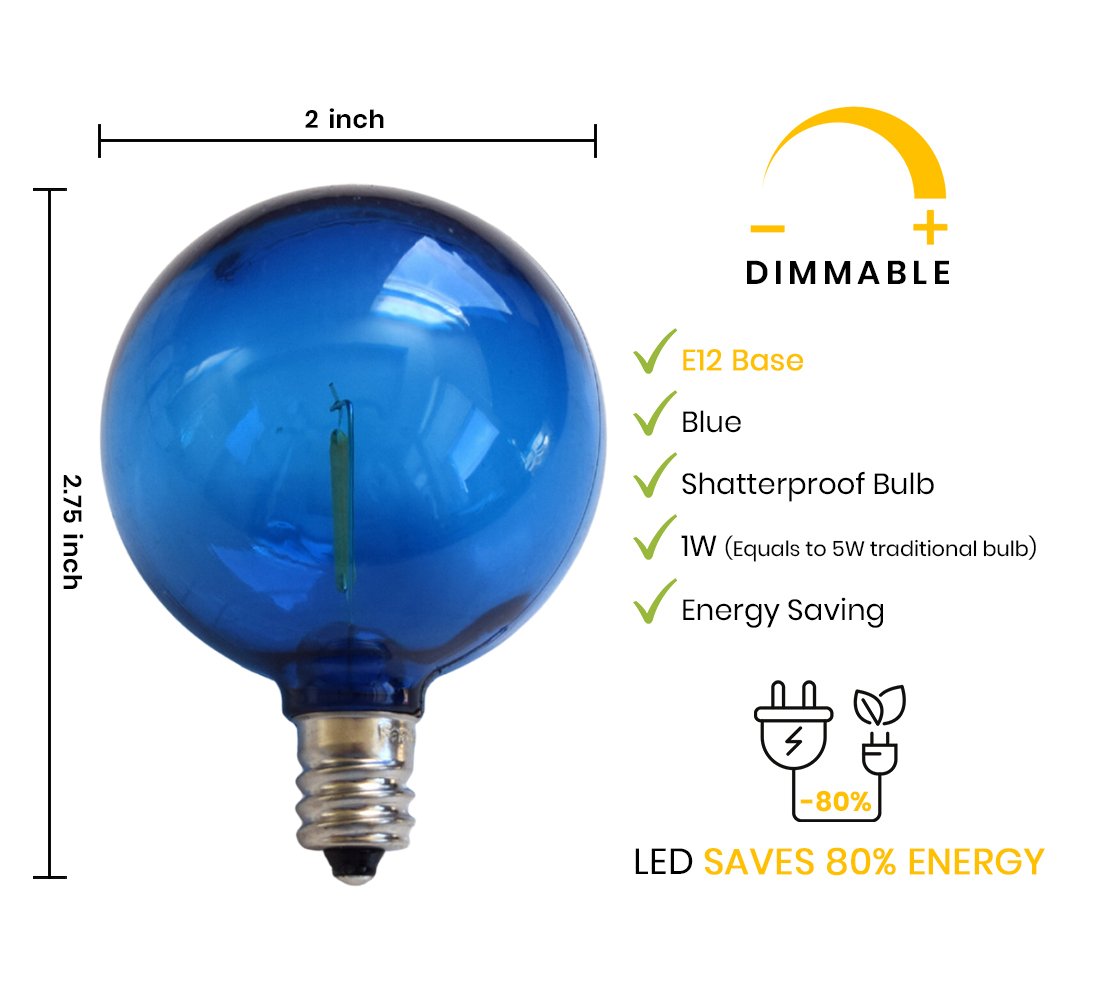 10-PACK Blue LED Filament G50 Globe Shatterproof Energy Saving Color Light Bulb, Dimmable, 1W,  E12 Candelabra Base - Luna Bazaar | Boho &amp; Vintage Style Decor