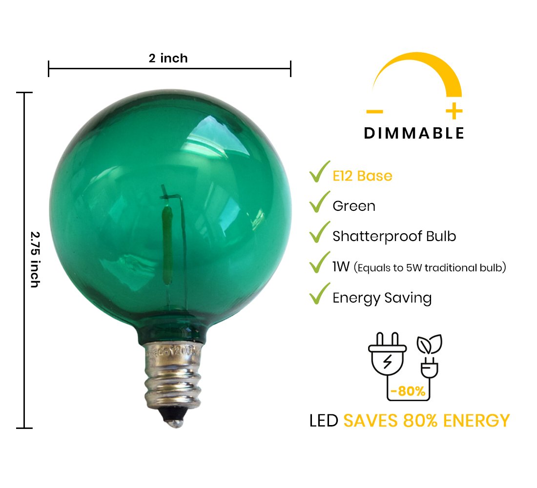 10-PACK Green LED Filament G50 Globe Shatterproof Energy Saving Color Light Bulb, Dimmable, 1W,  E12 Candelabra Base - Luna Bazaar | Boho &amp; Vintage Style Decor