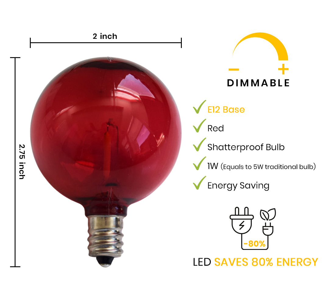 Red LED Filament G50 Globe Shatterproof Energy Saving Colored Light Bulb, Dimmable, 1W,  E12 Candelabra Base - Luna Bazaar | Boho &amp; Vintage Style Decor