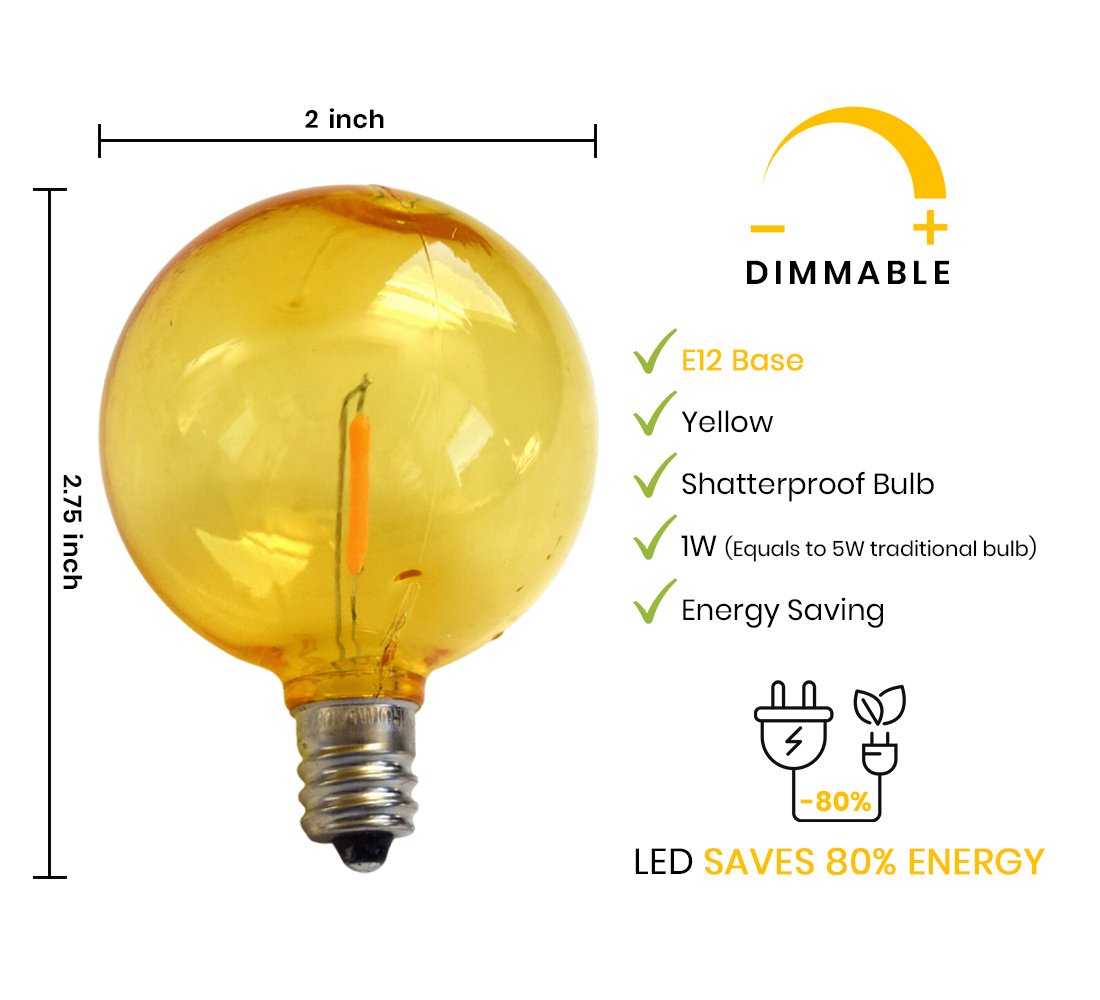 10-PACK Yellow LED Filament G50 Globe Shatterproof Energy Saving Color Light Bulb, Dimmable, 1W,  E12 Candelabra Base - Luna Bazaar | Boho &amp; Vintage Style Decor
