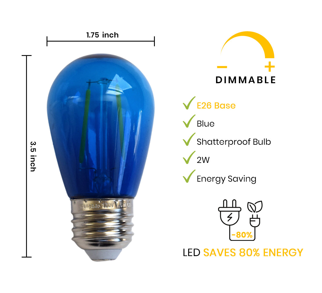 Blue LED Filament S14 Shatterproof Energy Saving Colored Light Bulb, Dimmable, 2W,  E26 Medium Base - Luna Bazaar | Boho &amp; Vintage Style Decor