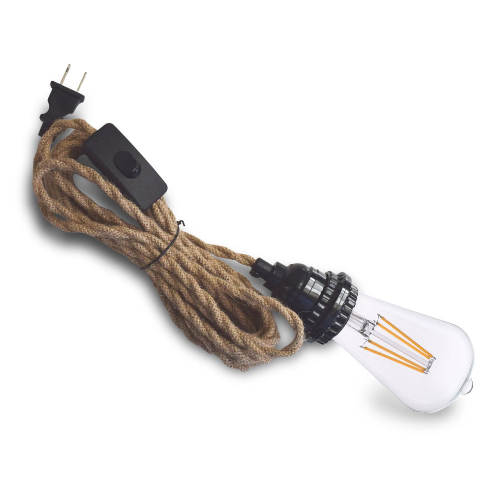 CORD + Shatterproof Bulb | 15FT Jute Rope Pendant Light Lamp Cord Combo Kit, Switch, S14 Cool White Bulb - Luna Bazaar | Boho &amp; Vintage Style Decor