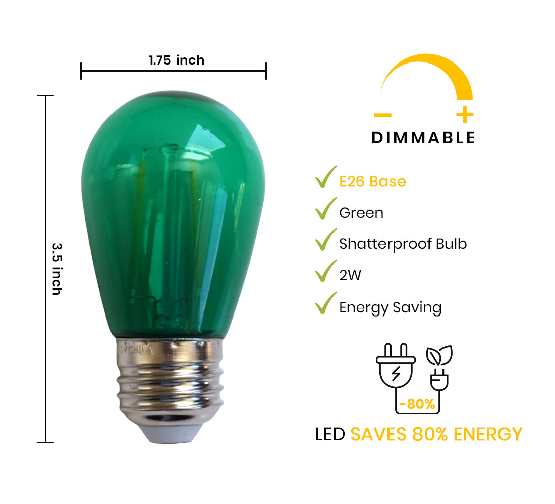 Green LED Filament S14 Shatterproof Energy Saving Colored Light Bulb, Dimmable, 2W,  E26 Medium Base - Luna Bazaar | Boho &amp; Vintage Style Decor
