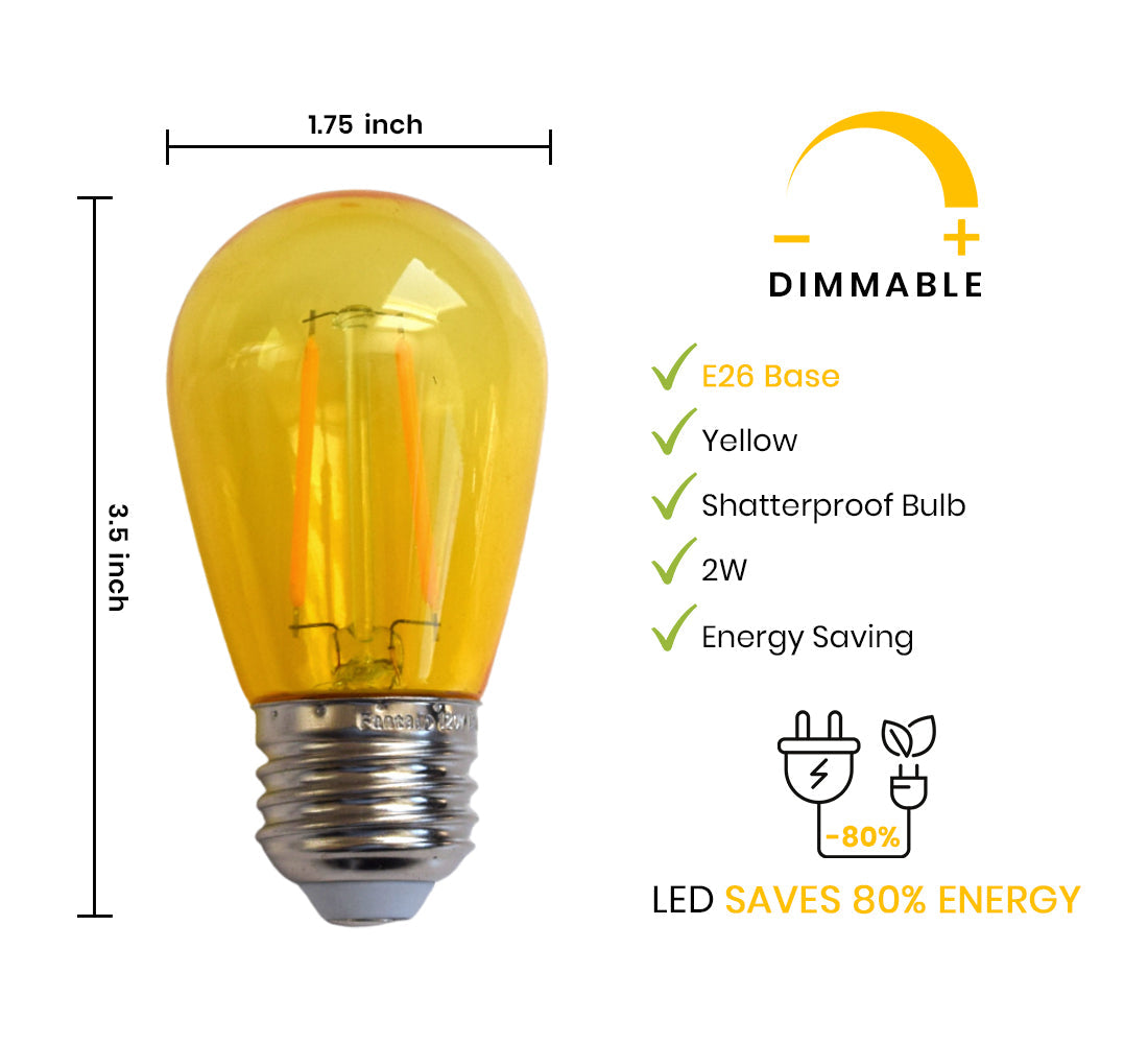 10-PACK Yellow LED Filament S14 Shatterproof Energy Saving Color Light Bulb, Dimmable, 2W,  E26 Medium Base - Luna Bazaar | Boho &amp; Vintage Style Decor