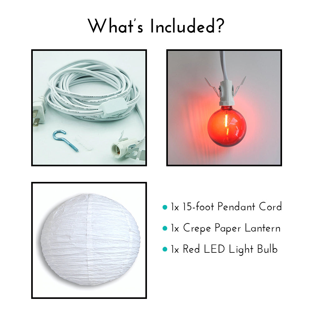 LANTERN + CORD + COLOR BULB | White Crepe Premium Paper Lantern with Pendant Cord Combo Kit, Switch, E12, Red Bulb - Luna Bazaar | Boho &amp; Vintage Style Decor