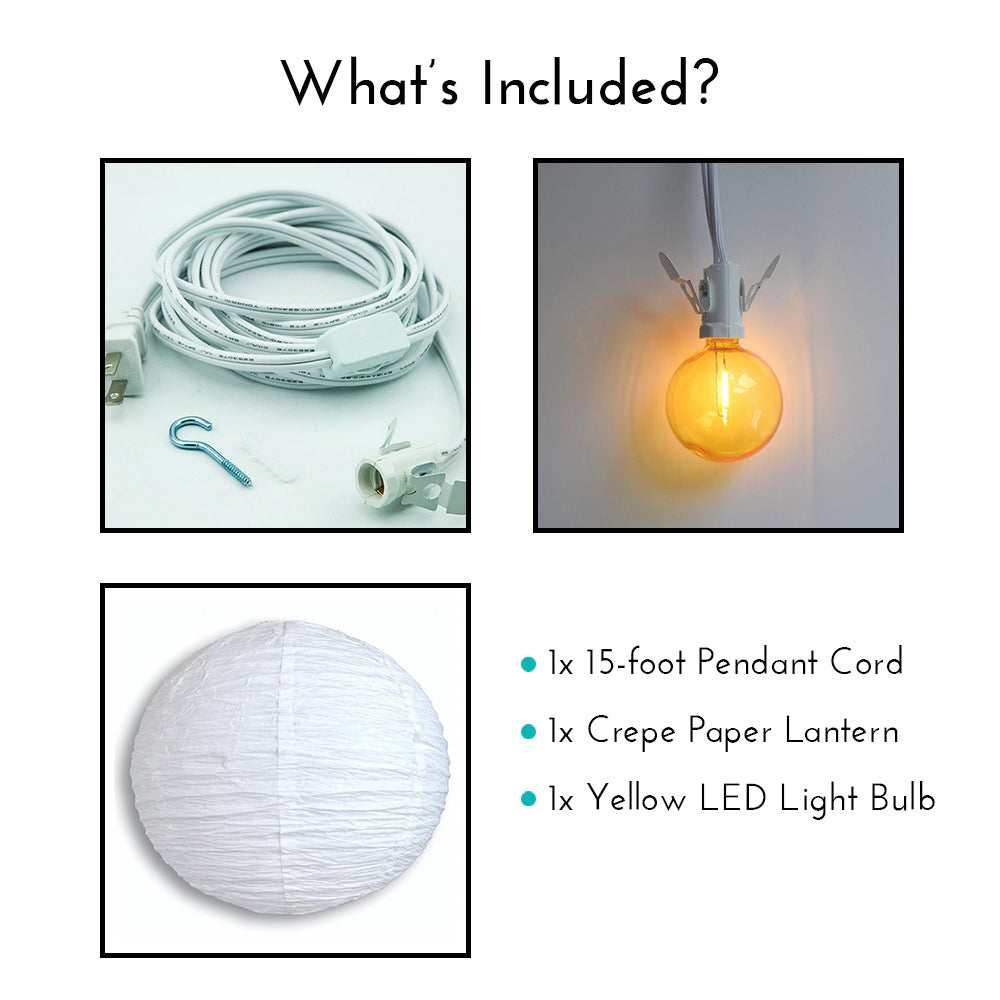 LANTERN + CORD + COLOR BULB | White Crepe Premium Paper Lantern with Pendant Cord Combo Kit, Switch, E12, Yellow Bulb - Luna Bazaar | Boho &amp; Vintage Style Decor
