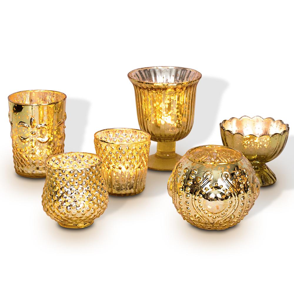 Vintage Glam Gold Mercury Glass Tea Light Votive Candle Holders (6 PACK, Assorted Designs and Sizes) - Luna Bazaar | Boho &amp; Vintage Style Decor
