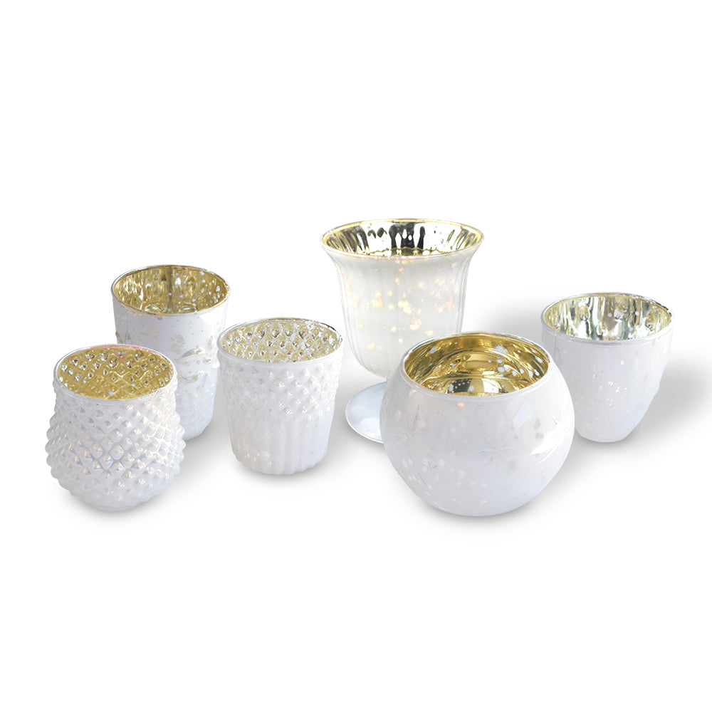 Vintage Glam Pearl White Mercury Glass Tea Light Votive Candle Holders (6 PACK, Assorted Designs and Sizes)