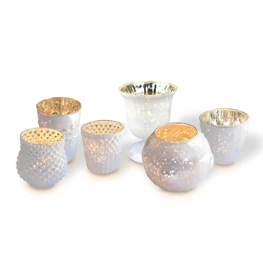 Lit Vintage Glam Pearl White Mercury Glass Tea Light Votive Candle Holders (6 PACK, Assorted Designs and Sizes)