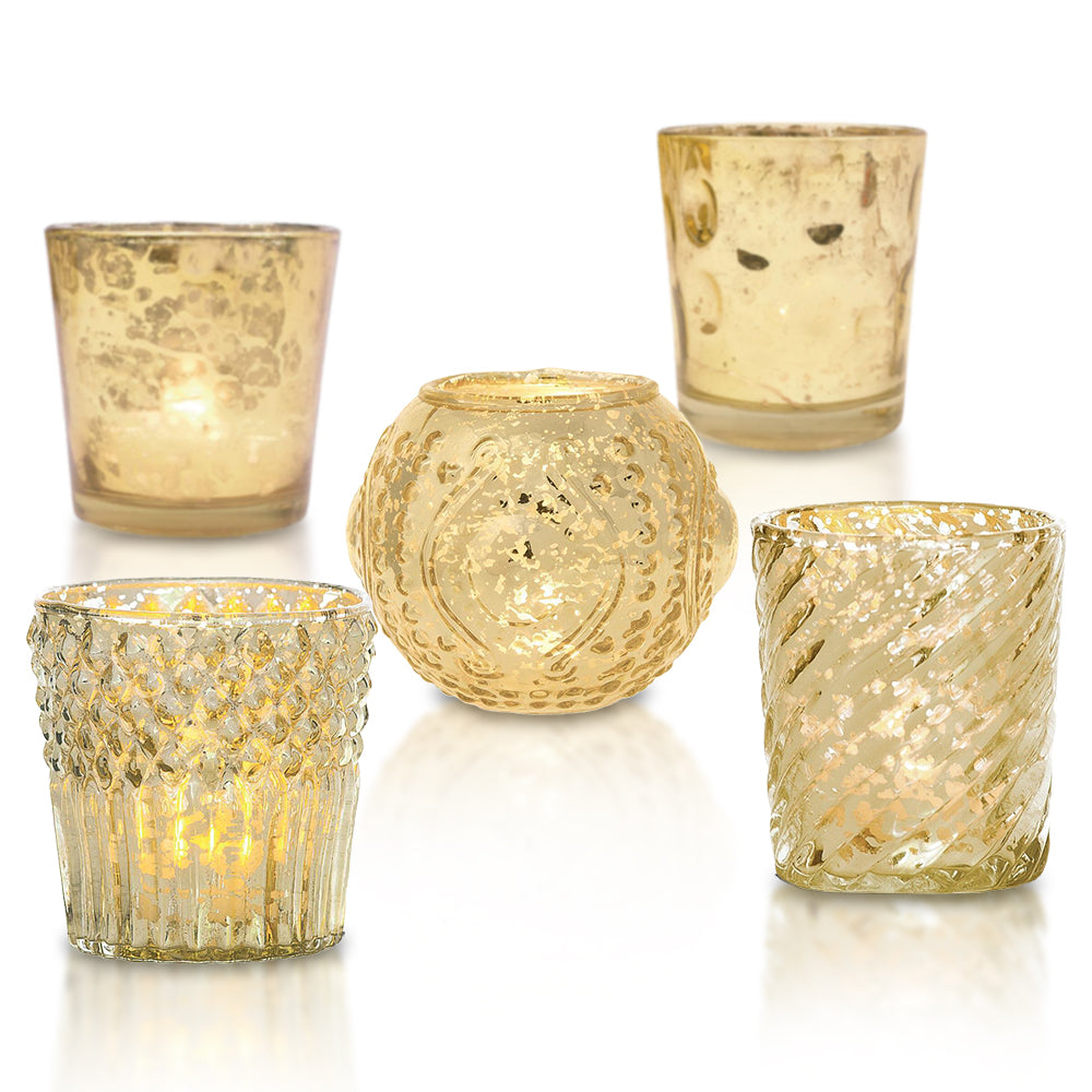 Royal Chic Gold Mercury Glass Tea Light Votive Candle Holders (5 PACK, Assorted Designs and Sizes) - Luna Bazaar | Boho &amp; Vintage Style Decor
