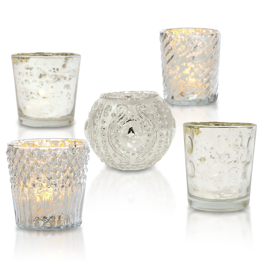 Royal Chic Silver Mercury Glass Tea Light Votive Candle Holders (5 PACK, Assorted Designs and Sizes) - Luna Bazaar | Boho &amp; Vintage Style Decor