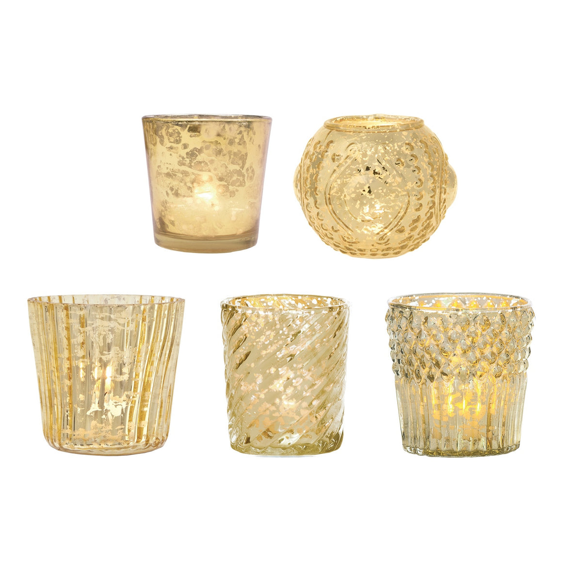 Royal Banquet Gold Mercury Glass Tea Light Votive Candle Holders (5 PACK, Assorted Designs and Sizes) - Luna Bazaar | Boho &amp; Vintage Style Decor