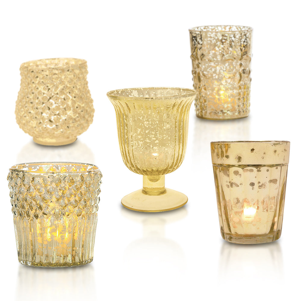 Bohemian Chic Gold Mercury Glass Tea Light Votive Candle Holders (Set of 5, Assorted Designs and Sizes) - Luna Bazaar | Boho &amp; Vintage Style Decor