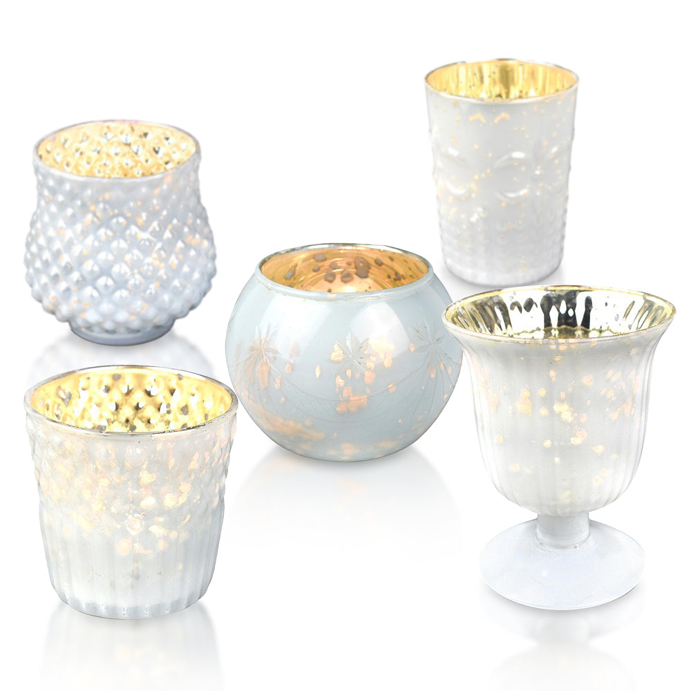 Bohemian Chic Pearl White Mercury Glass Tea Light Votive Candle Holders (Set of 5, Assorted Designs and Sizes) - Luna Bazaar | Boho &amp; Vintage Style Decor
