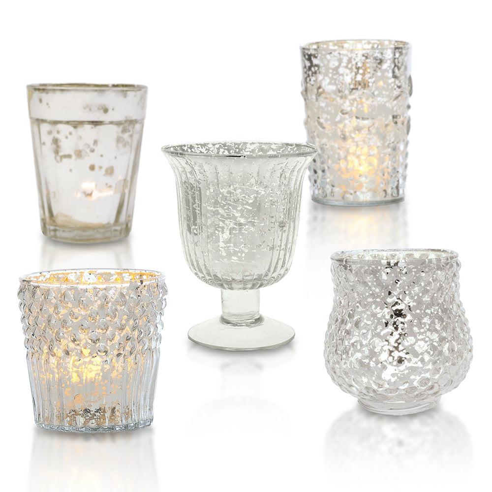 Bohemian Chic Silver Mercury Glass Tea Light Votive Candle Holders (Set of 5, Assorted Designs and Sizes) - Luna Bazaar | Boho &amp; Vintage Style Decor
