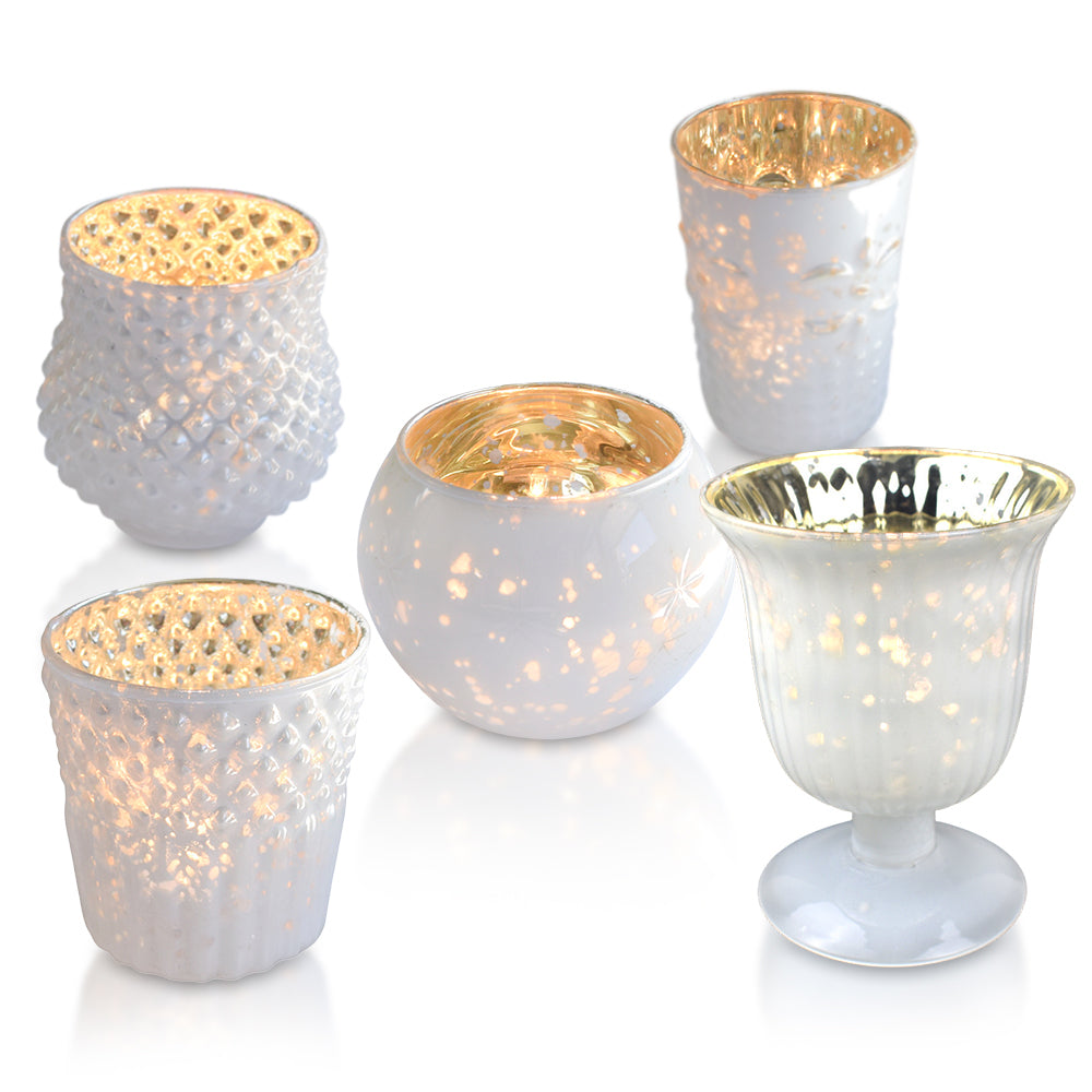 Lit Bohemian Chic Pearl White Mercury Glass Tea Light Votive Candle Holders (Set of 5, Assorted Designs and Sizes)