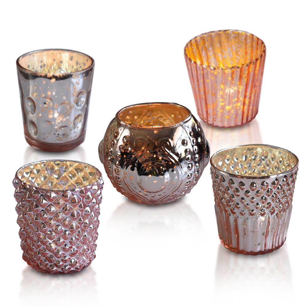 Vintage Elegance Rose Gold Mercury Glass Tea Light Votive Candle Holders (Set of 5, Assorted Designs and Sizes) - Luna Bazaar | Boho &amp; Vintage Style Decor