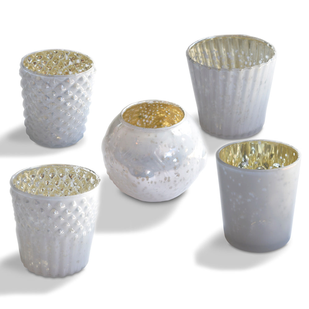 Vintage Elegance Pearl White Mercury Glass Tea Light Votive Candle Holders (Set of 5, Assorted Designs and Sizes) - Luna Bazaar | Boho &amp; Vintage Style Decor