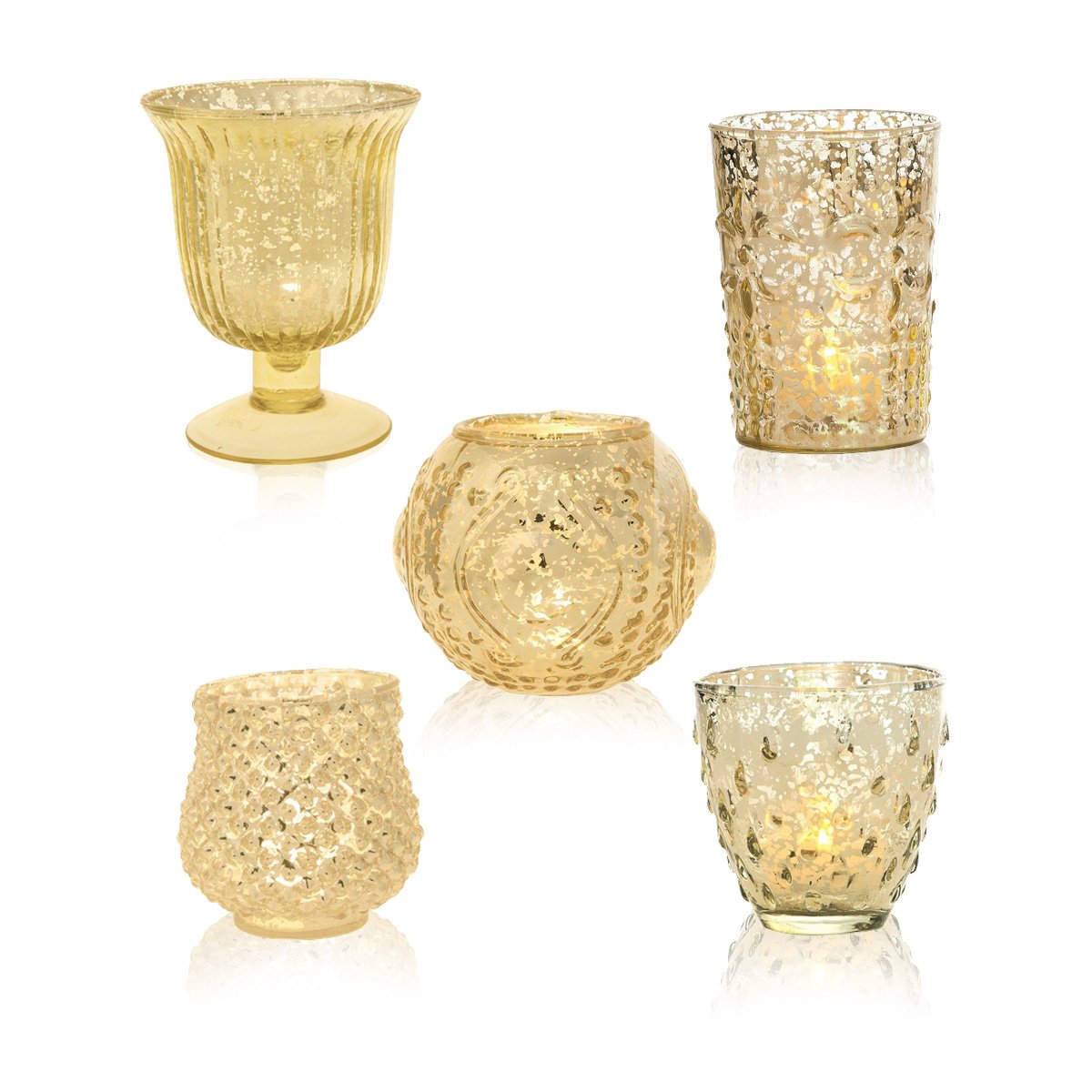 Art Deco Gold Mercury Glass Tea Light Votive Candle Holders (Set of 5, Assorted Designs and Sizes) - Luna Bazaar | Boho &amp; Vintage Style Decor