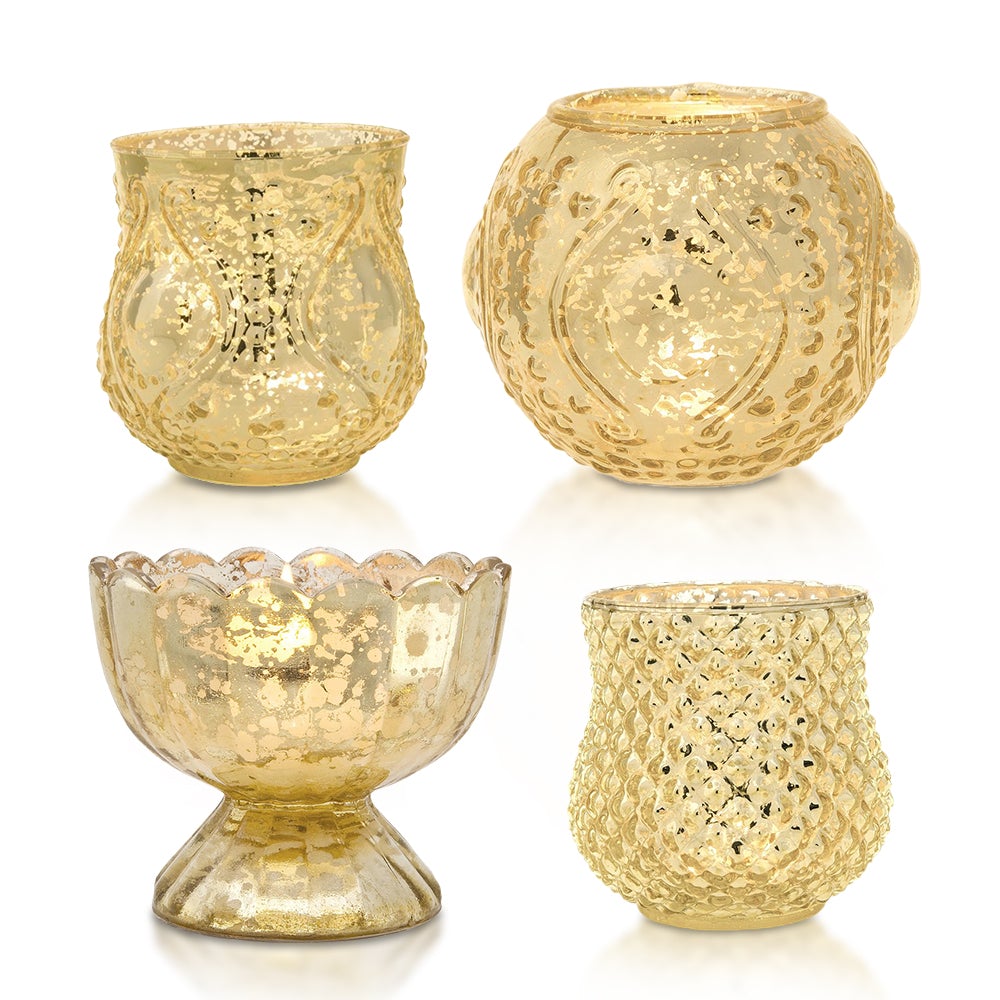Elegance Gold Mercury Glass Tea Light Votive Candle Holders (Set of 4, Assorted Designs and Sizes) - Luna Bazaar | Boho &amp; Vintage Style Decor