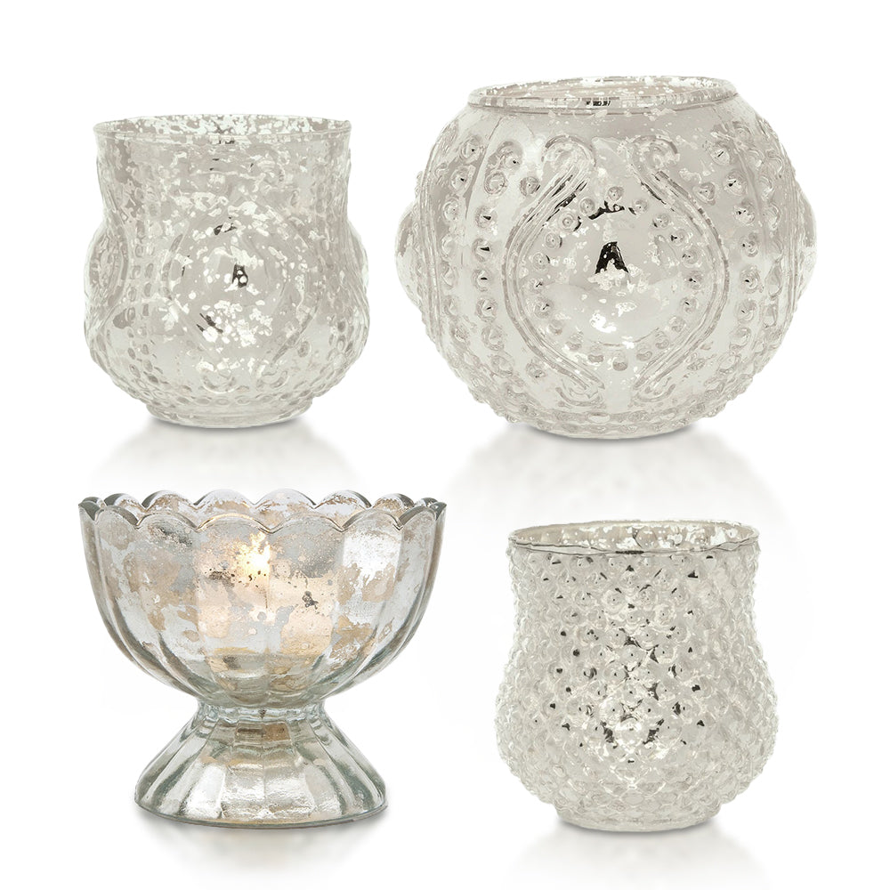 Elegance Silver Mercury Glass Tea Light Votive Candle Holders (Set of 4, Assorted Designs and Sizes) - Luna Bazaar | Boho &amp; Vintage Style Decor