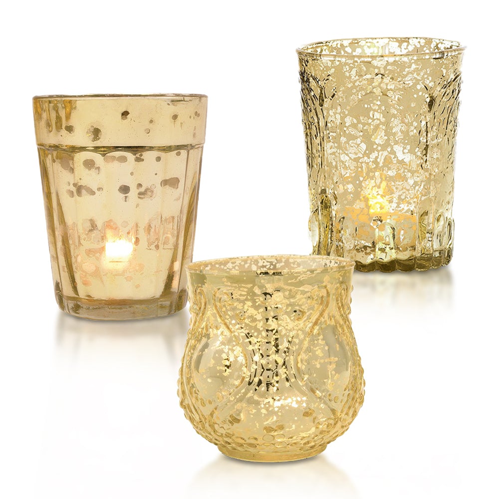 Glory Gold Mercury Glass Tea Light Votive Candle Holders (Set of 3, Assorted Designs and Sizes) - Luna Bazaar | Boho &amp; Vintage Style Decor