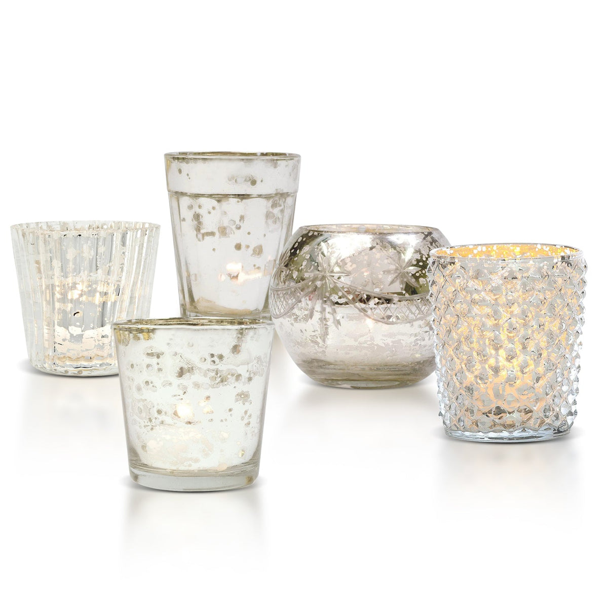 Vintage Mercury Glass Votive Tea Light Candle Holders - Silver (5 PACK, Assorted Designs) - Luna Bazaar | Boho &amp; Vintage Style Decor
