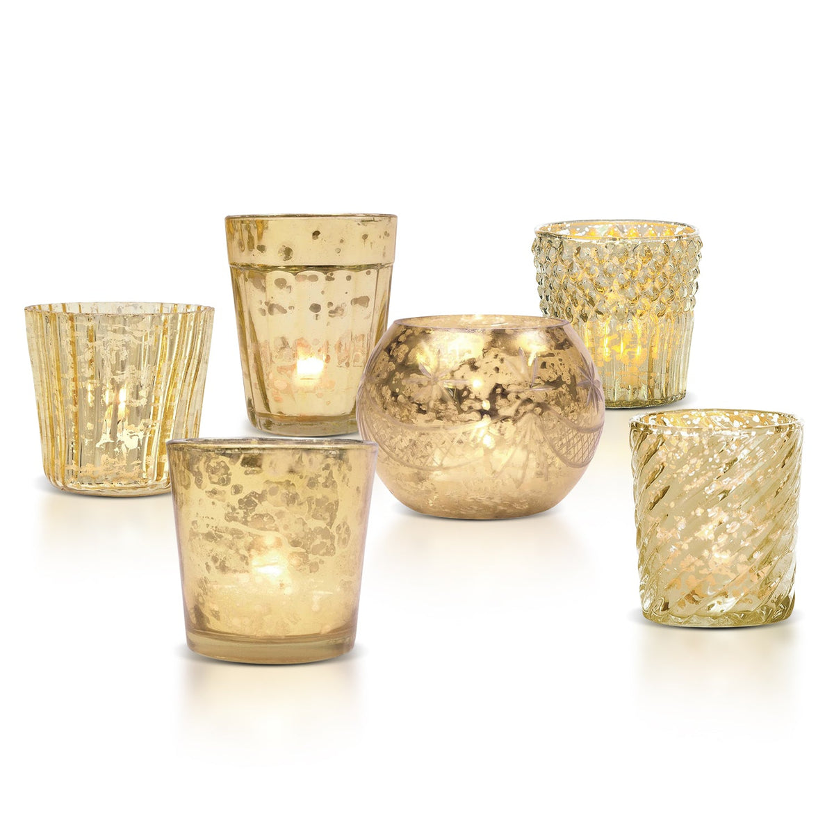Showcase Vintage Mercury Glass Votive Tea Light Candle Holders - Gold (6 PACK, Assorted Designs) - Luna Bazaar | Boho &amp; Vintage Style Decor