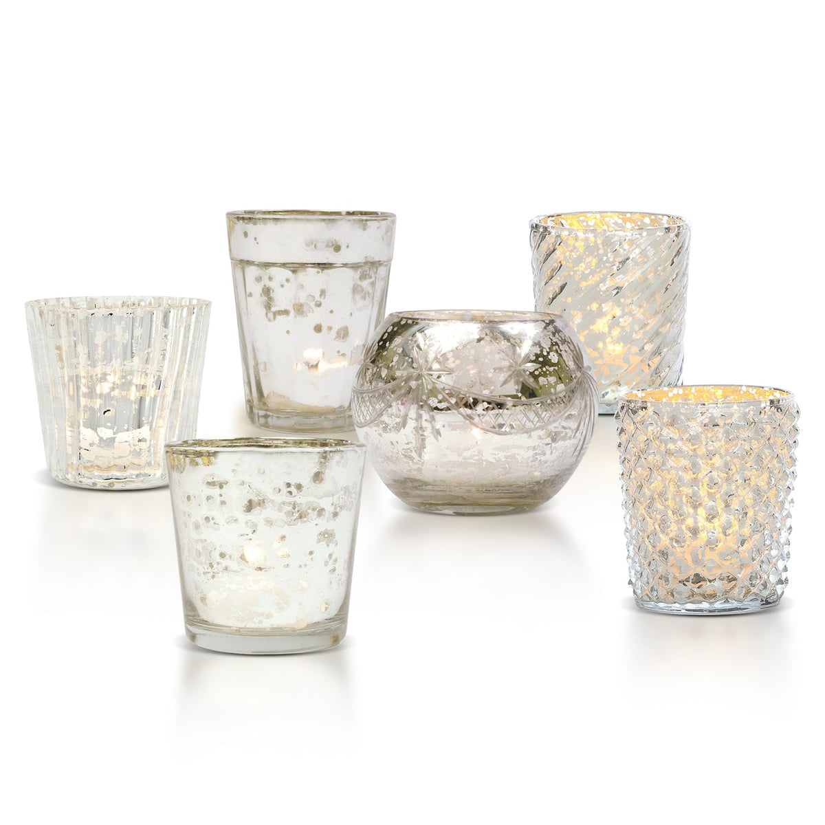 Showcase Vintage Mercury Glass Votive Tea Light Candle Holders - Silver (6 PACK, Assorted Designs) - Luna Bazaar | Boho &amp; Vintage Style Decor