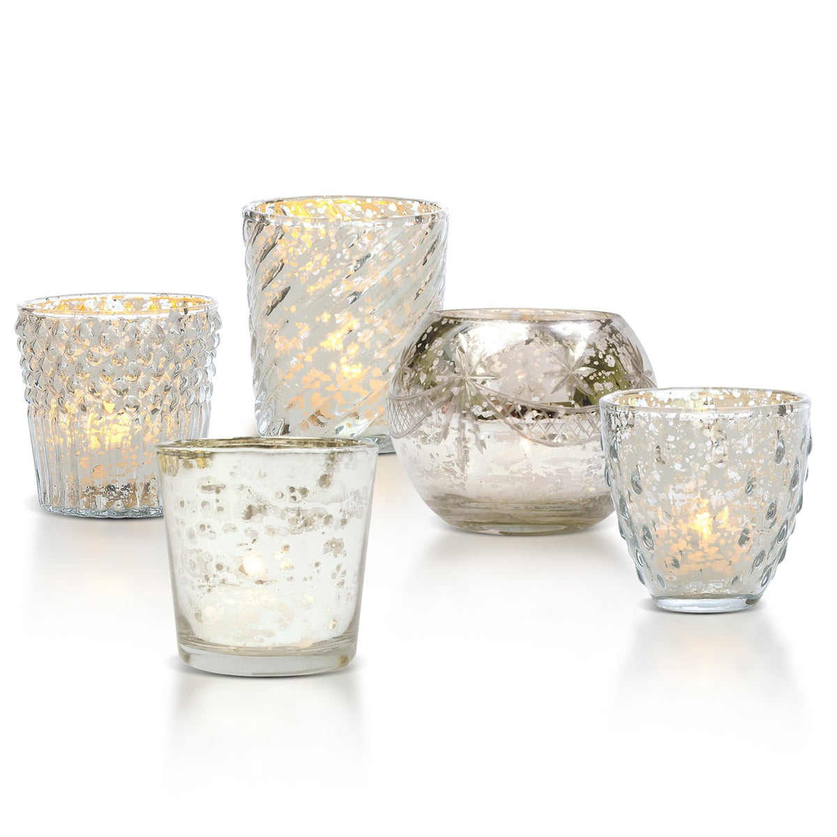 Vintage Love Silver Mercury Glass Tea Light Votive Candle Holders (5 PACK, Assorted Styles) - Luna Bazaar | Boho &amp; Vintage Style Decor