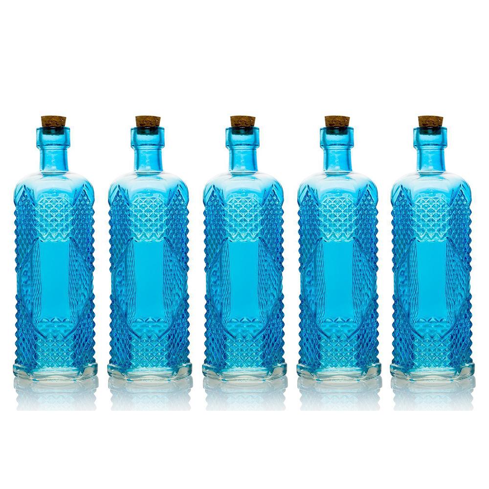 5 Pack - 6.5&quot; Aria Turquoise Vintage Glass Bottle with Cork - DIY Wedding Flower Bud Vases